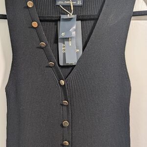 Zara Black Ribbed V-Neck Top with Gold Buttons